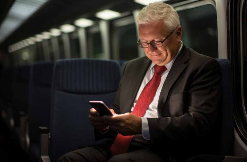 Man in suit using smartphone on train Man in suit using smartphone on train
