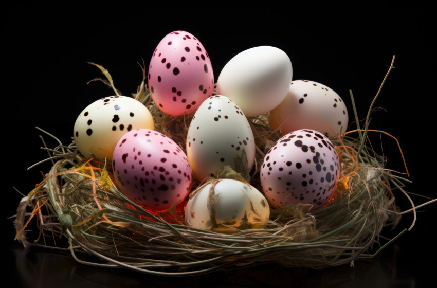 A cluster of eggs in shades of colorful resting on a bed of straw A cluster of eggs in shades of colorful resting on a bed of straw