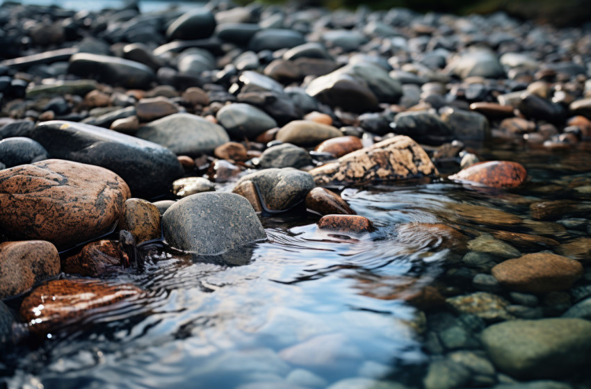 Clear river water flows smoothly over rocks and pebbles in a serene natural scene Clear river water flows smoothly over rocks and pebbles in a serene natural scene