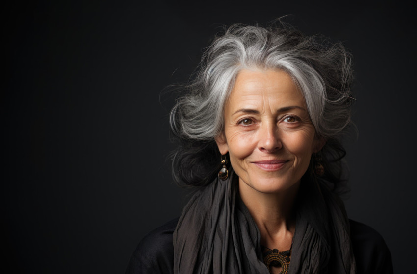 Grey haired woman gracefully poses for a portrait radiating charm and embracing her authentic self Grey haired woman gracefully poses for a portrait radiating charm and embracing her authentic self