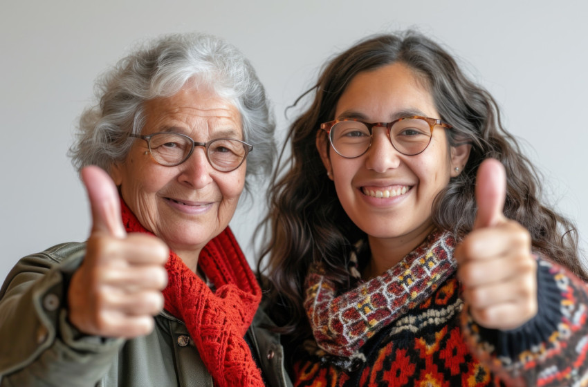 Two joyful women giving a positive thumbs up gesture against a simple white backdrop Two joyful women giving a positive thumbs up gesture against a simple white backdrop