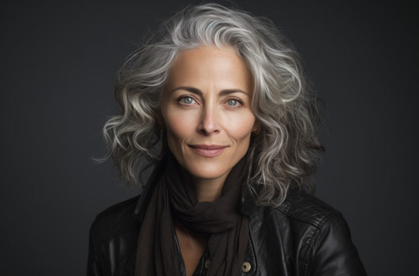 Stylish older woman poses against a neutral grey backdrop Stylish older woman poses against a neutral grey backdrop