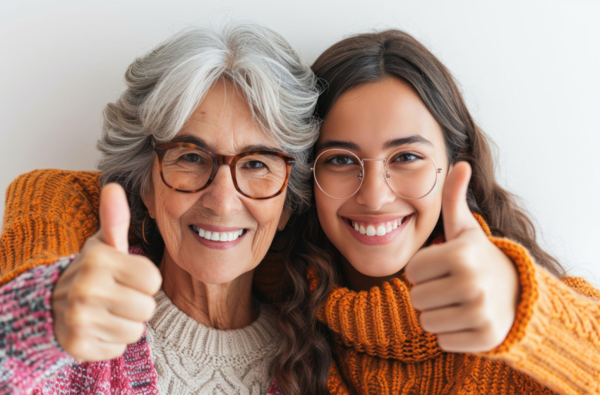 Two joyful women showing thumbs up to the camera sharing happiness and approval in a lively and upbeat manner Two joyful women showing thumbs up to the camera sharing happiness and approval in a lively and upbeat manner