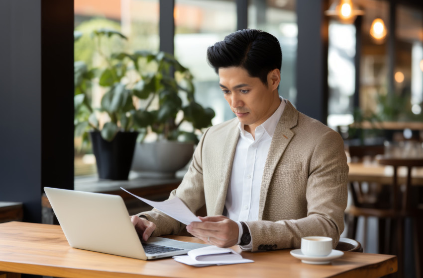 An asian man multitasking with a laptop and documents in hand An asian man multitasking with a laptop and documents in hand
