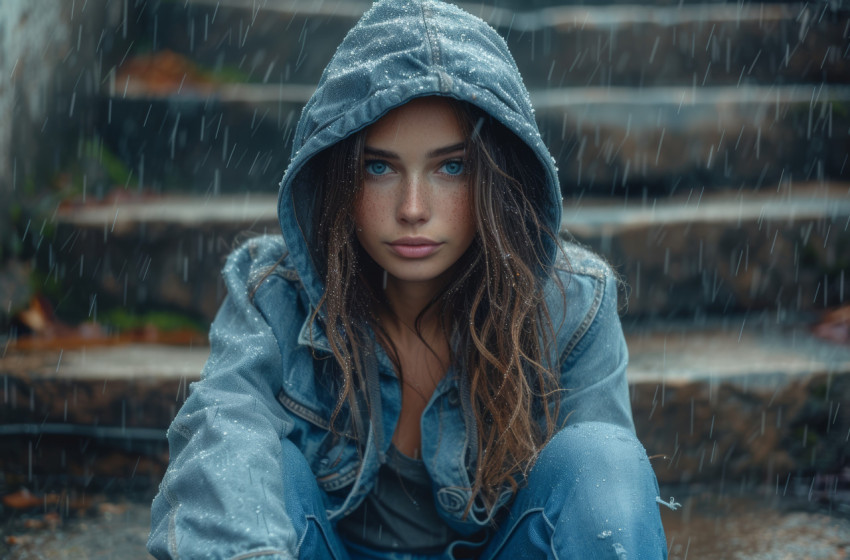 Casual woman in hoodie and jeans relaxing on steps Casual woman in hoodie and jeans relaxing on steps