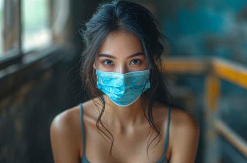 An asian woman masked for safety sits on a ladder An asian woman masked for safety sits on a ladder