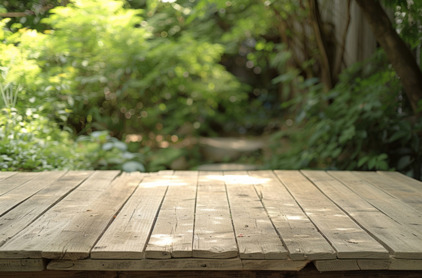 A rustic wooden table in a serene garden setting A rustic wooden table in a serene garden setting, brand positioning picture