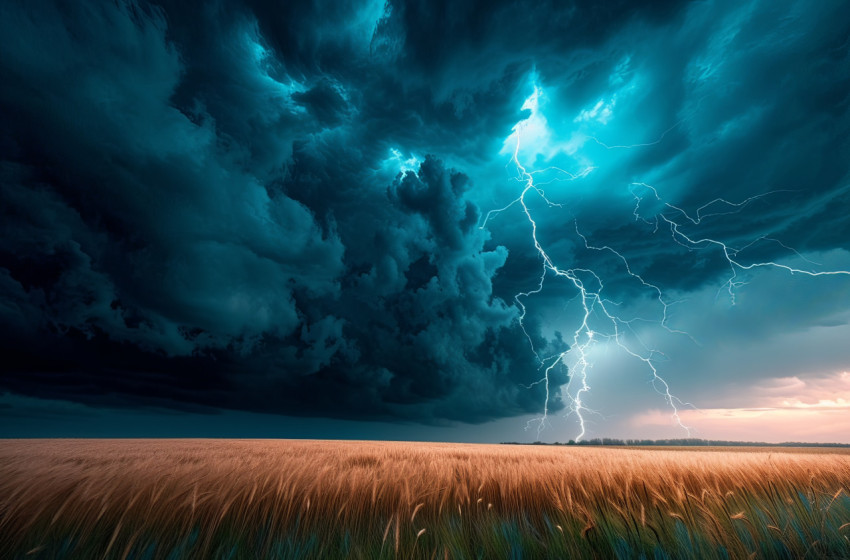 Lightning strikes dramatically over a vast field Lightning strikes dramatically over a vast field, extreme weather events picture