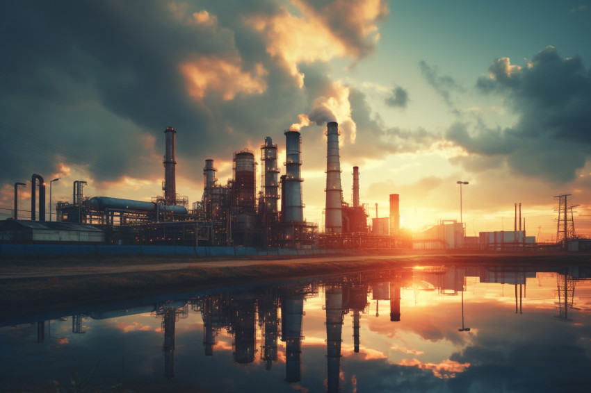 industrial oil refinery with steam on sunset, industrial, manufa industrial oil refinery with steam on sunset, industrial, manufa