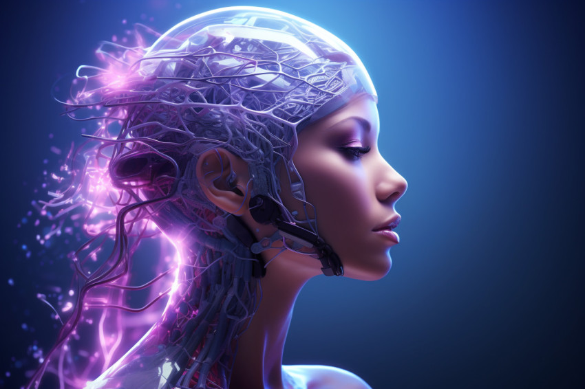 A head of a woman with electric circuits and a pink interior A head of a woman with electric circuits and a pink interior