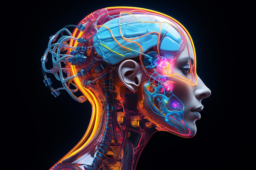 A human head with the neck area lit up in neon colors A human head with the neck area lit up in neon colors