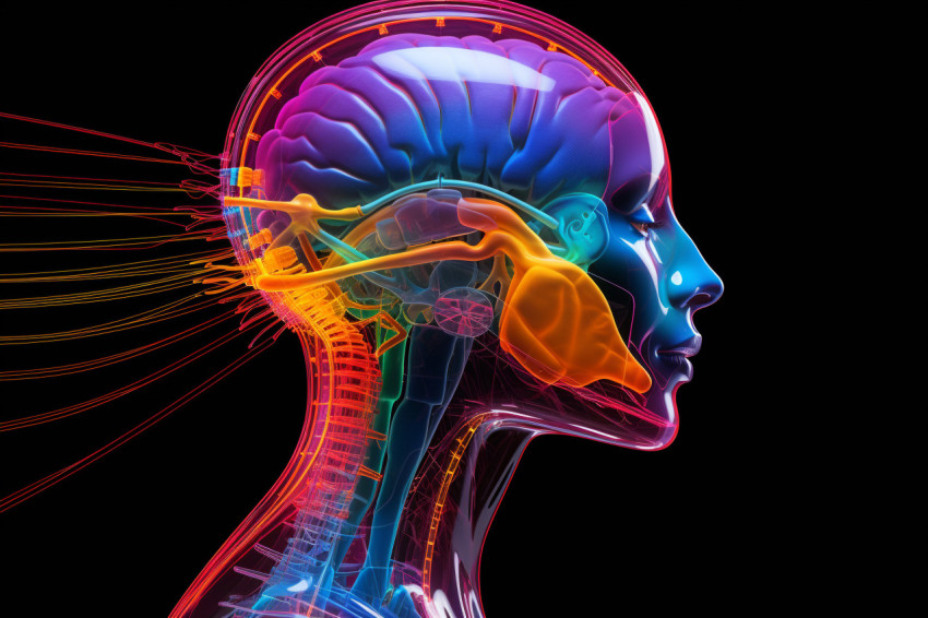 A person head and neck are painted in bright neon colors A person head and neck are painted in bright neon colors