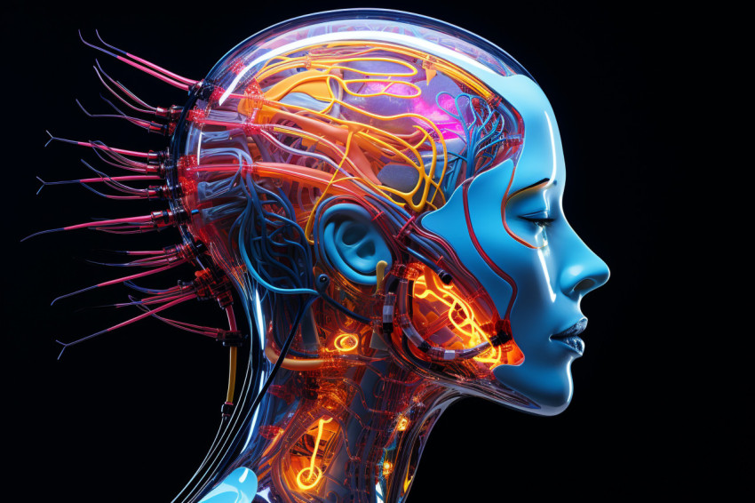 A person head and neck that are glowing in neon colors A person head and neck that are glowing in neon colors