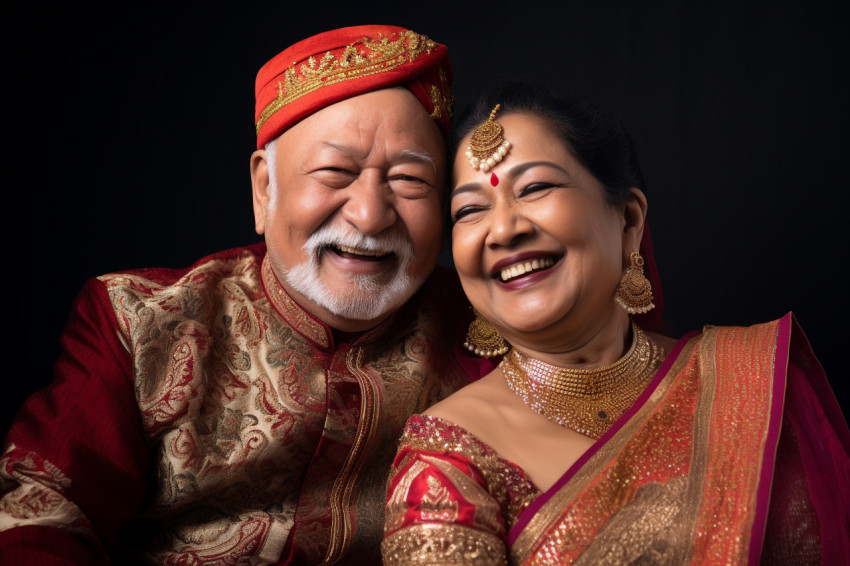 A picture of an old Indian couple who are happy and wearing trad A picture of an old Indian couple who are happy and wearing trad