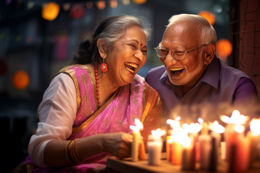 A picture of an old couple having a lot of fun celebrating Diwal A picture of an old couple having a lot of fun celebrating Diwal