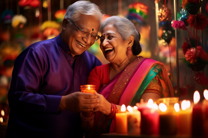A picture of an old couple having a lot of fun celebrating Diwal A picture of an old couple having a lot of fun celebrating Diwal