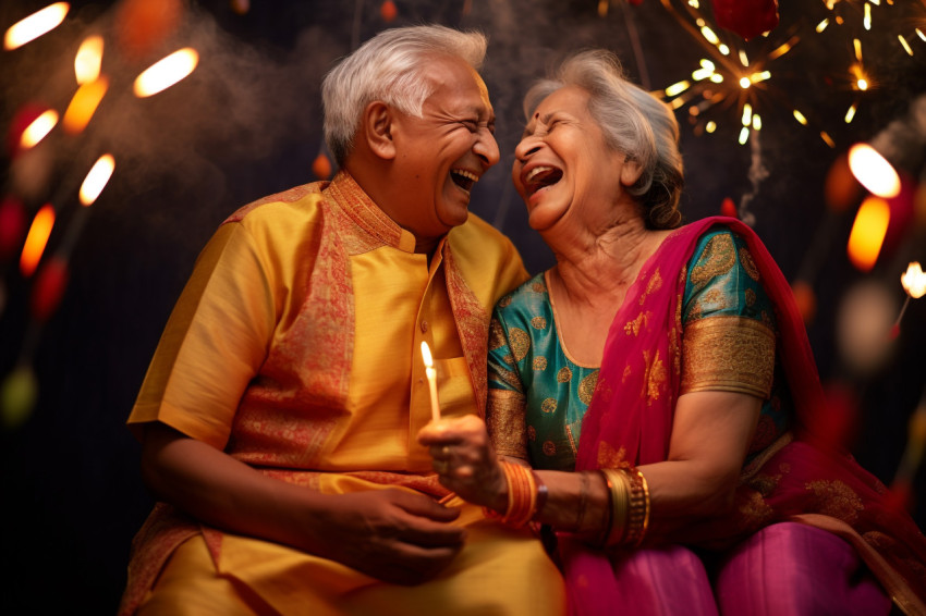 A picture of an old couple having a lot of fun celebrating Diwal A picture of an old couple having a lot of fun celebrating Diwal
