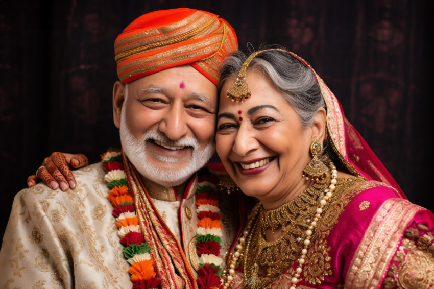 A picture of an old Indian couple who are happy and wearing trad A picture of an old Indian couple who are happy and wearing trad