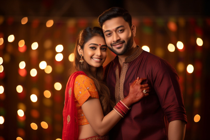 A photo of a happy Indian couple in traditional clothing hugging A photo of a happy Indian couple in traditional clothing hugging