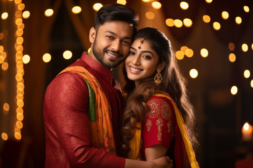 A photo of a happy Indian couple in traditional clothing hugging A photo of a happy Indian couple in traditional clothing hugging