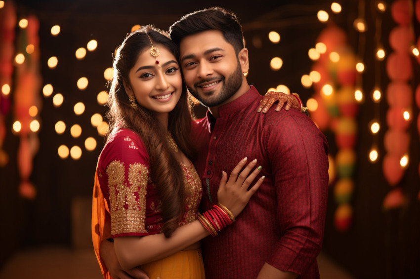 A photo of a happy Indian couple in traditional clothing hugging A photo of a happy Indian couple in traditional clothing hugging