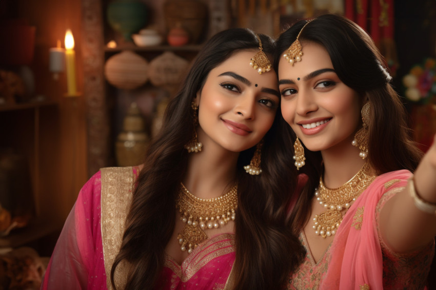 Two beautiful Indian women in traditional clothes taking a selfi Two beautiful Indian women in traditional clothes taking a selfi