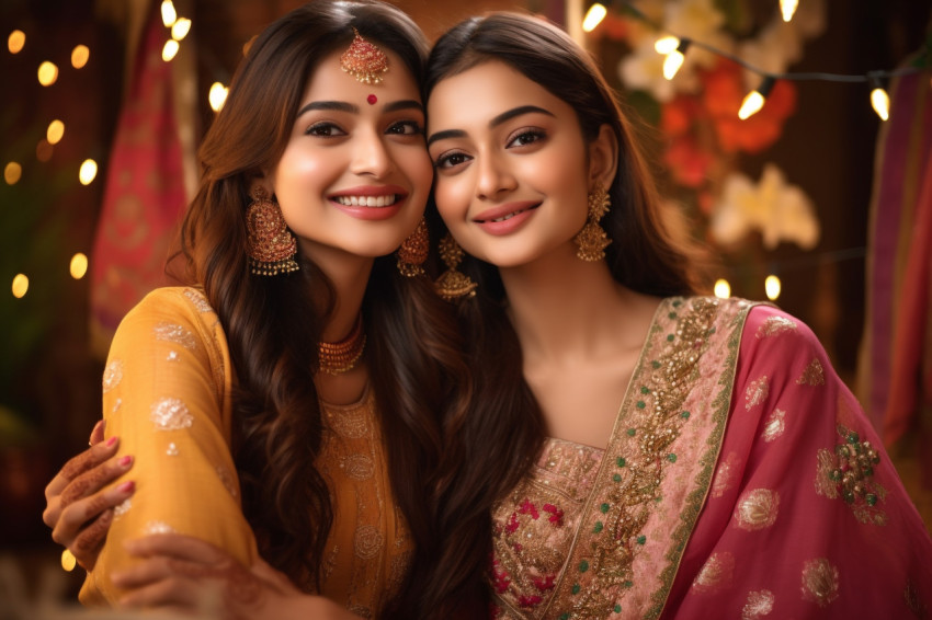 Two beautiful Indian women in traditional clothes taking a selfi Two beautiful Indian women in traditional clothes taking a selfi