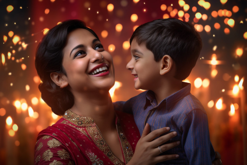 A picture of an Indian mom and her son celebrating the festival A picture of an Indian mom and her son celebrating the festival