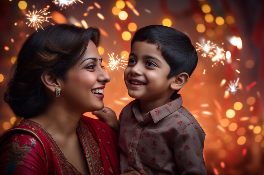 A picture of an Indian mom and her son celebrating the festival A picture of an Indian mom and her son celebrating the festival