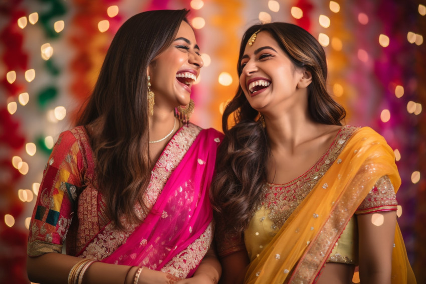 A photo of two beautiful Indian women in festive clothing laughi A photo of two beautiful Indian women in festive clothing laughi