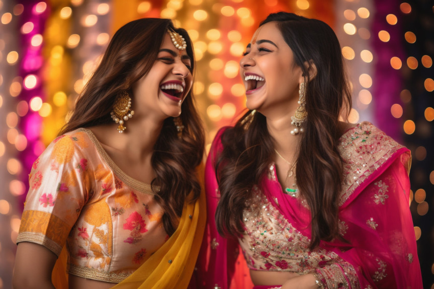 A photo of two beautiful Indian women in festive clothing laughing A photo of two beautiful Indian women in festive clothing laughing