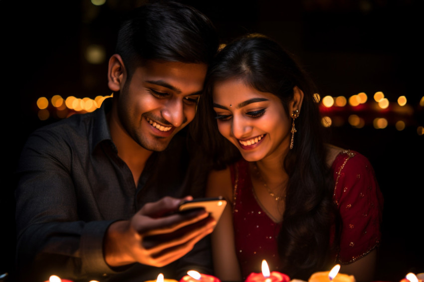 Photo of a young Indian couple taking a selfie with their smartp