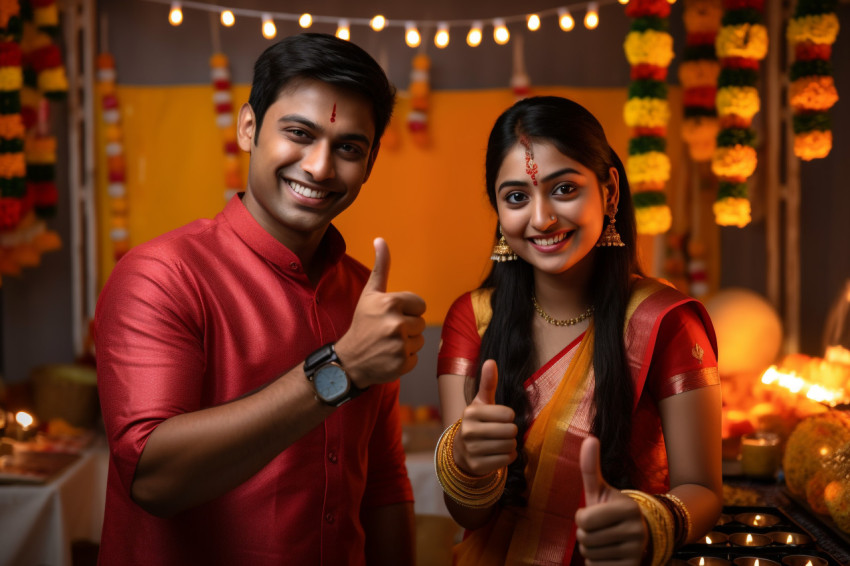 A photo of a young Indian couple shopping online for Diwali and