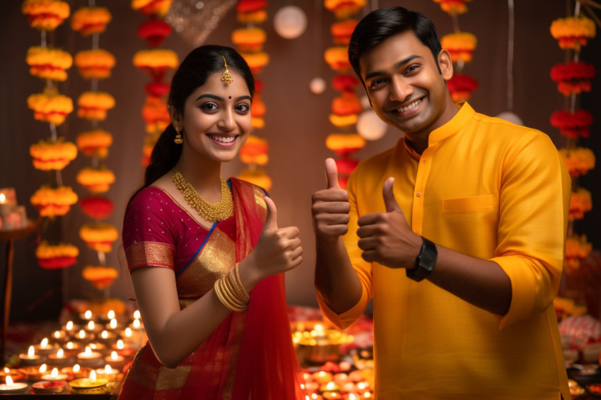 A photo of a young Indian couple shopping online for Diwali and