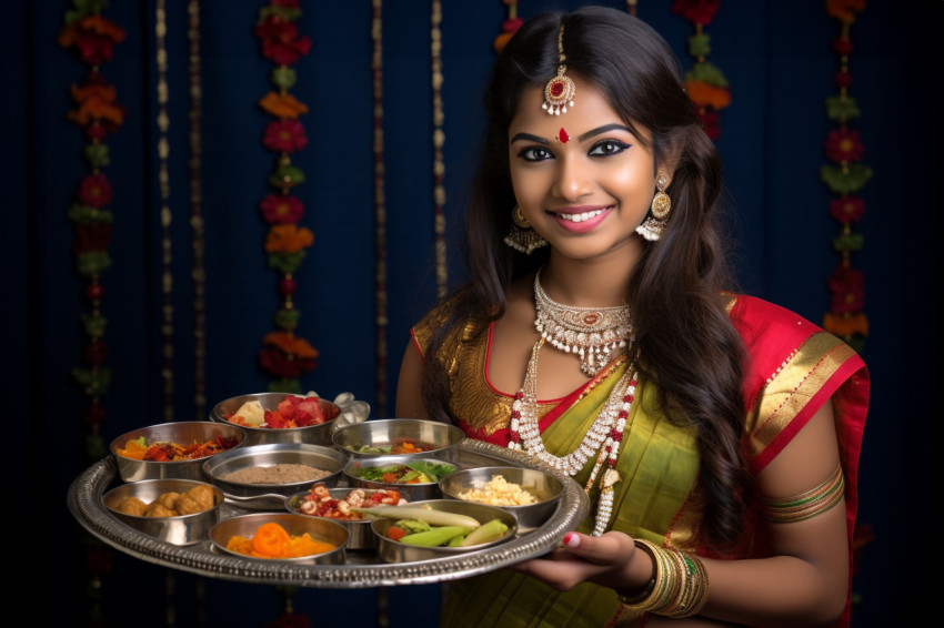 A photo of an indian girl holding a pooja thali during an indian A photo of an indian girl holding a pooja thali during an indian festival, family diwali celebration image