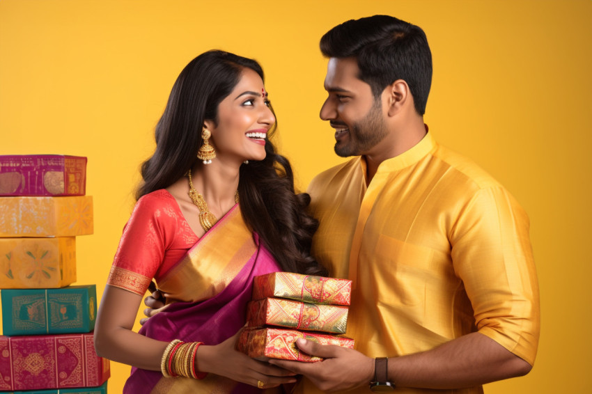 A photo of a beautiful Indian woman in a traditional sari and a A photo of a beautiful Indian woman in a traditional sari and a