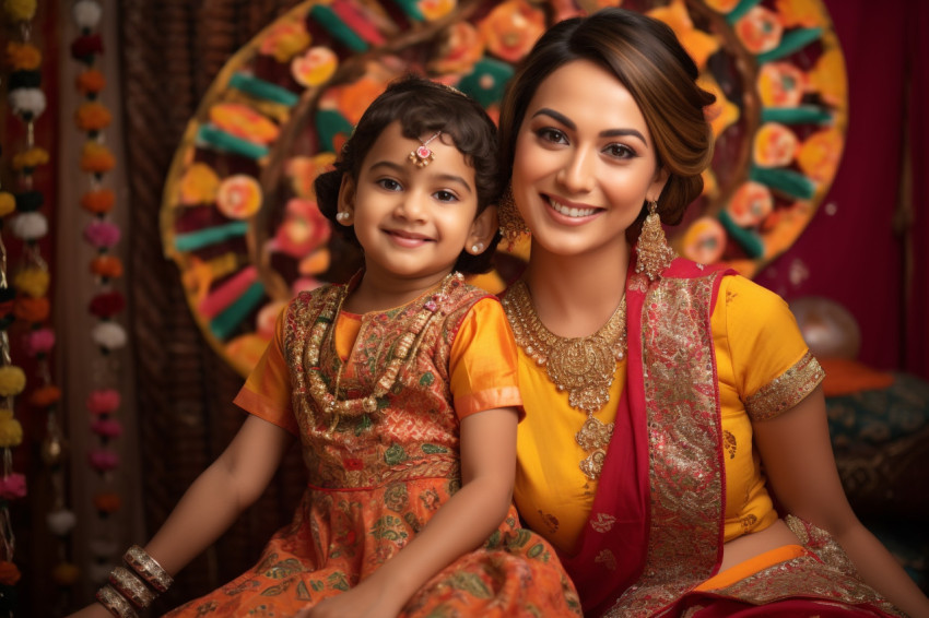 A photo of an Indian mother and daughter in traditional clothes, A photo of an Indian mother and daughter in traditional clothes,