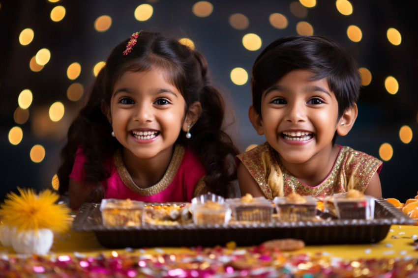 A picture of two adorable Indian children celebrating Diwali wit A picture of two adorable Indian children celebrating Diwali wit