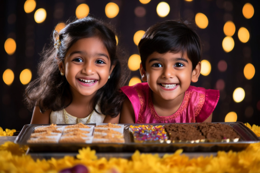 A picture of two adorable Indian children celebrating Diwali wit A picture of two adorable Indian children celebrating Diwali wit