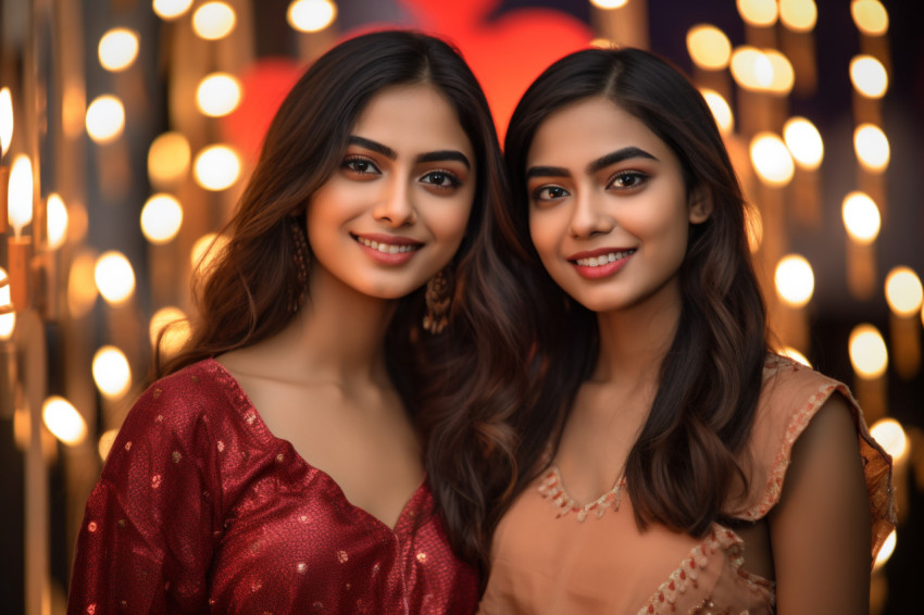 A picture of two young Indian women celebrating Diwali, the fest A picture of two young Indian women celebrating Diwali, the fest