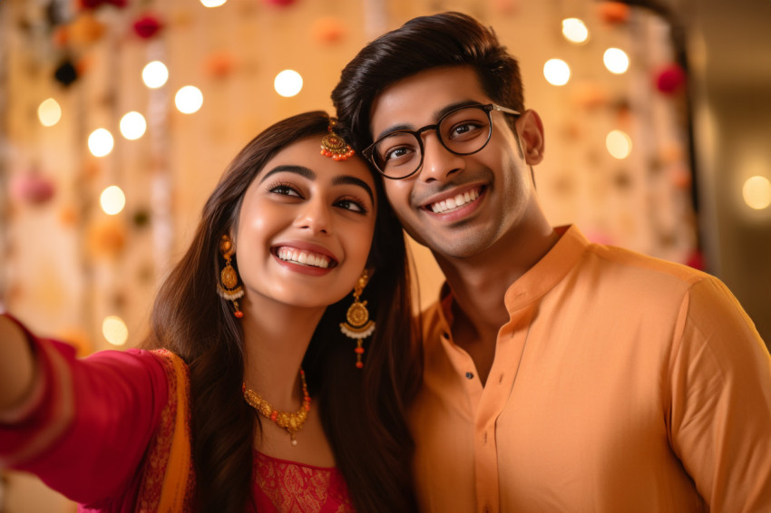 A photo of an Indian couple taking happy selfies during a festiv A photo of an Indian couple taking happy selfies during a festiv