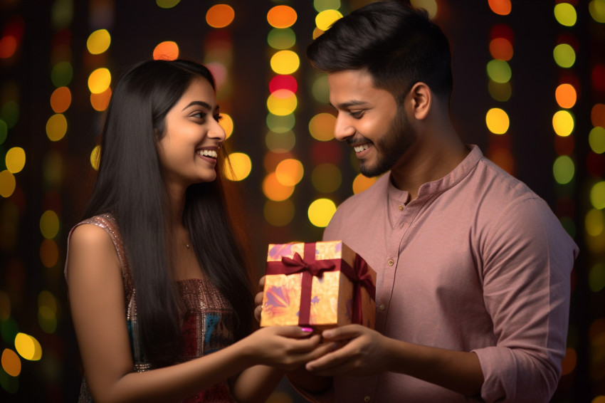 A photo of a happy young Indian couple holding a gift box and lo A photo of a happy young Indian couple holding a gift box and lo