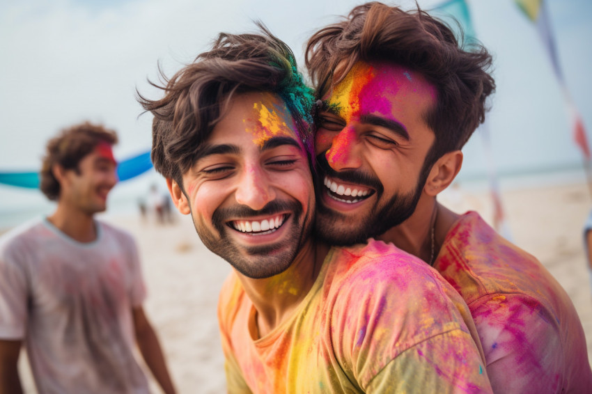 Photo of two stylish young Indian men hugging on the beach durin Photo of two stylish young Indian men hugging on the beach durin