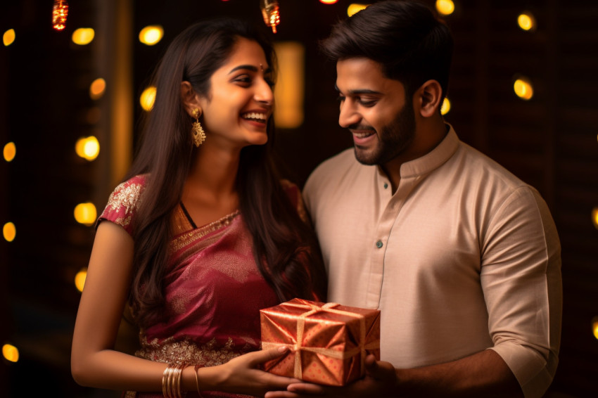 A photo of a happy young Indian couple holding a gift box and lo A photo of a happy young Indian couple holding a gift box and lo