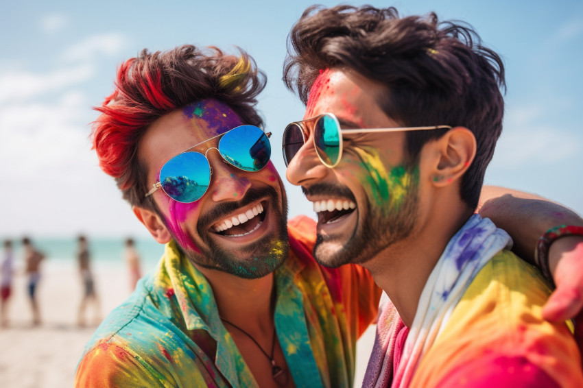 Photo of two stylish young Indian men hugging on the beach durin