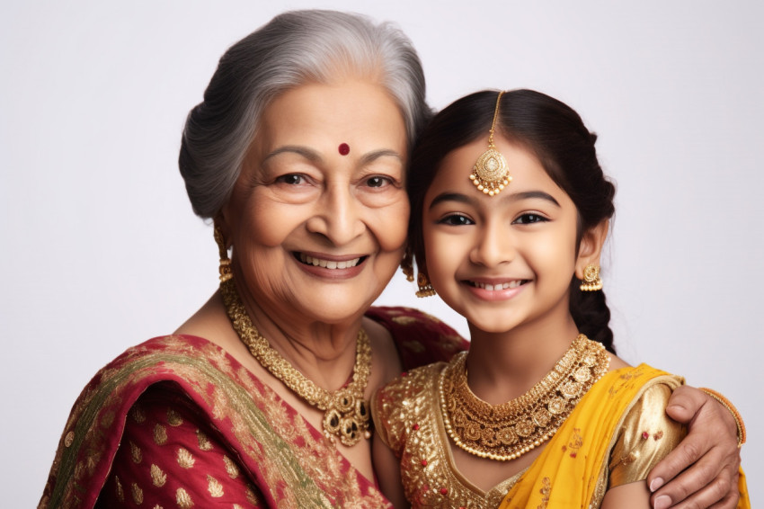 A photo of an older Indian woman and her young daughter in tradi A photo of an older Indian woman and her young daughter in tradi