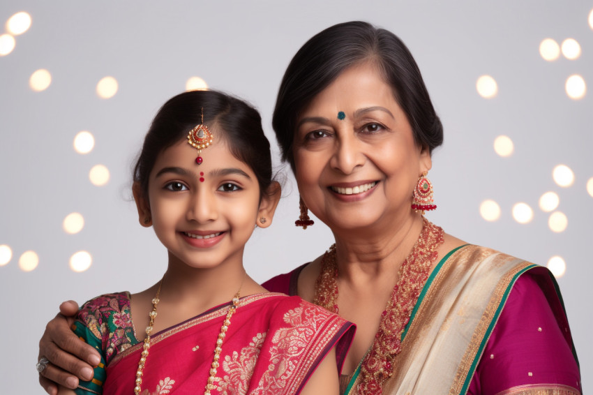 A photo of an older Indian woman and her young daughter in tradi A photo of an older Indian woman and her young daughter in tradi