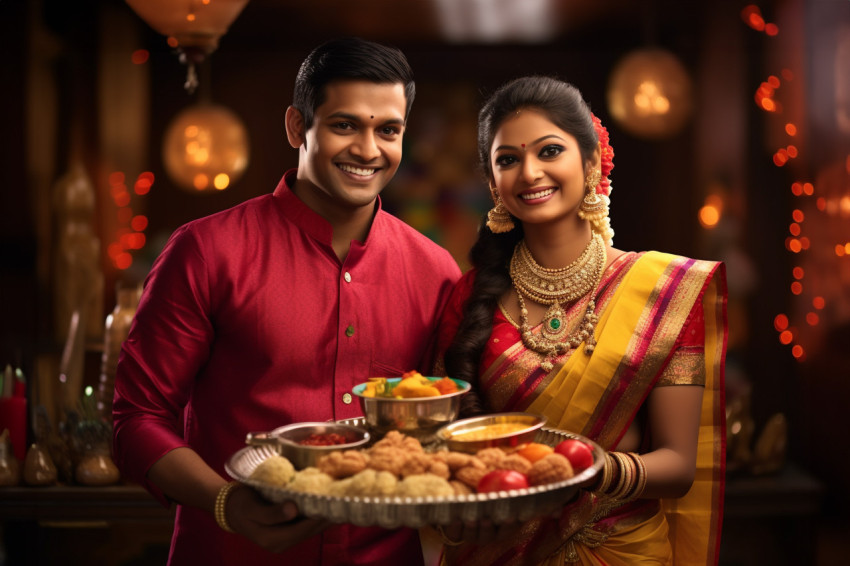 A photo of a happy young couple in traditional clothes holding s A photo of a happy young couple in traditional clothes holding s
