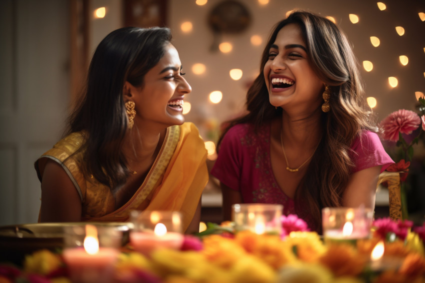 A photo of two young women laughing together at home during Diwa A photo of two young women laughing together at home during Diwa