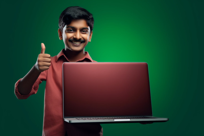 A picture of a young Indian boy holding a laptop with a blank gr A picture of a young Indian boy holding a laptop with a blank gr